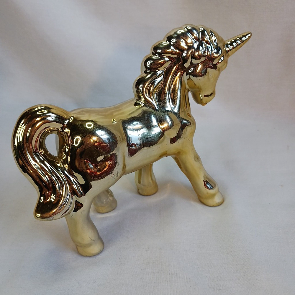 Vintage Gold Ceramic Unicorn Figurine 90s Y2K